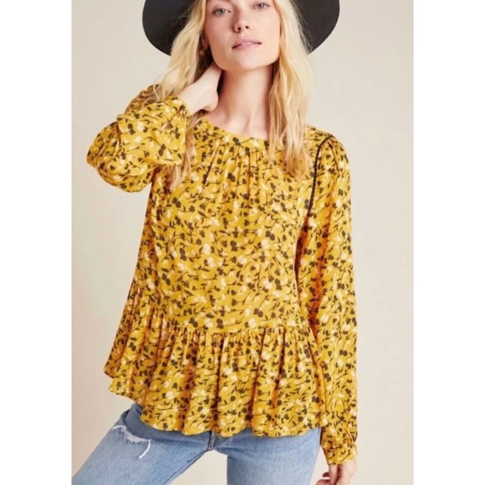 Maeve Long Sleeve Floral Cheyenne Top in Golden Yellow. Small